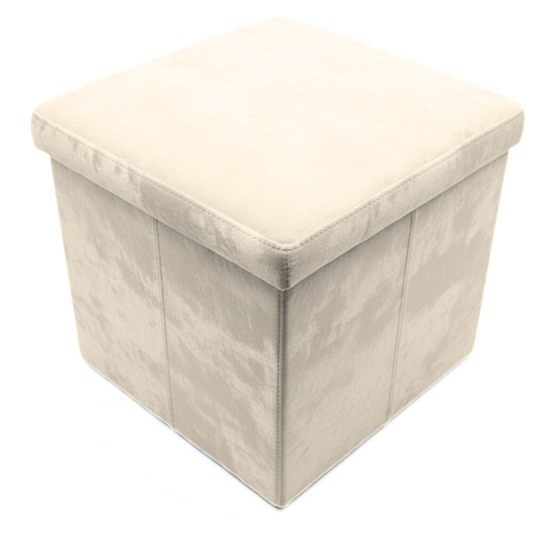 Taburete de Almacenaje Plegable de Felpa Beige 38x38x38cm para Salón y Dormitorio