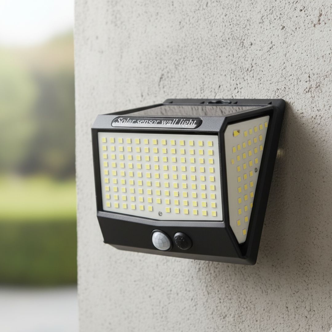 Lámpara de Pared Exterior Negra con 218 LED y Sensor de Movimiento Solar