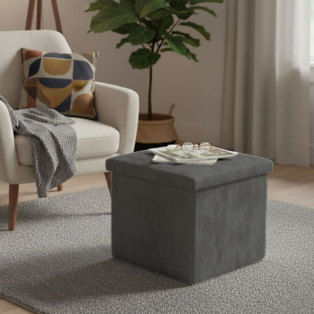 Taburete de Almacenaje Plegable de Felpa Gris Oscuro 38x38x38cm para Salón y Dormitorio