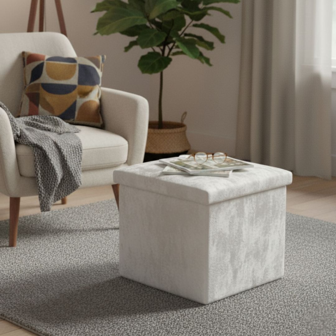 Taburete de Almacenaje Plegable de Felpa Gris Claro 38x38x38cm para Salón y Dormitorio