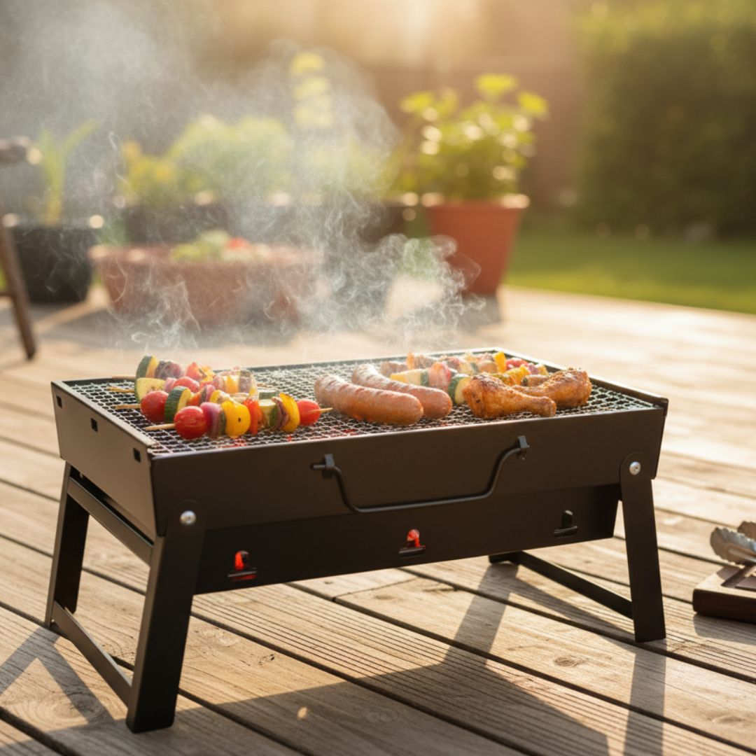 Barbacoa Portátil de Carbón de Acero Rectangular 35x20x27cm para Exterior