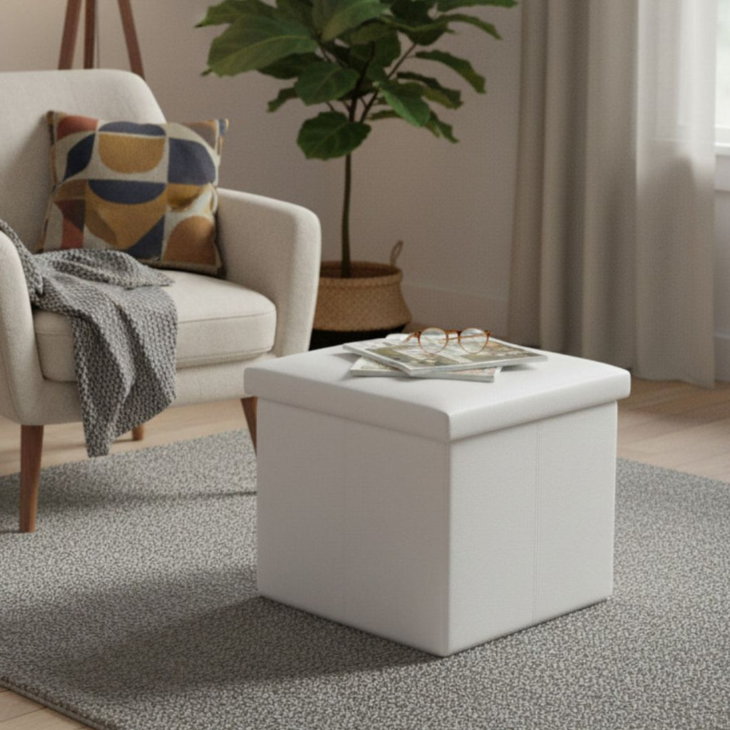 Taburete de Almacenaje Plegable de Polipiel Blanco 38x38x38cm para Salón y Dormitorio