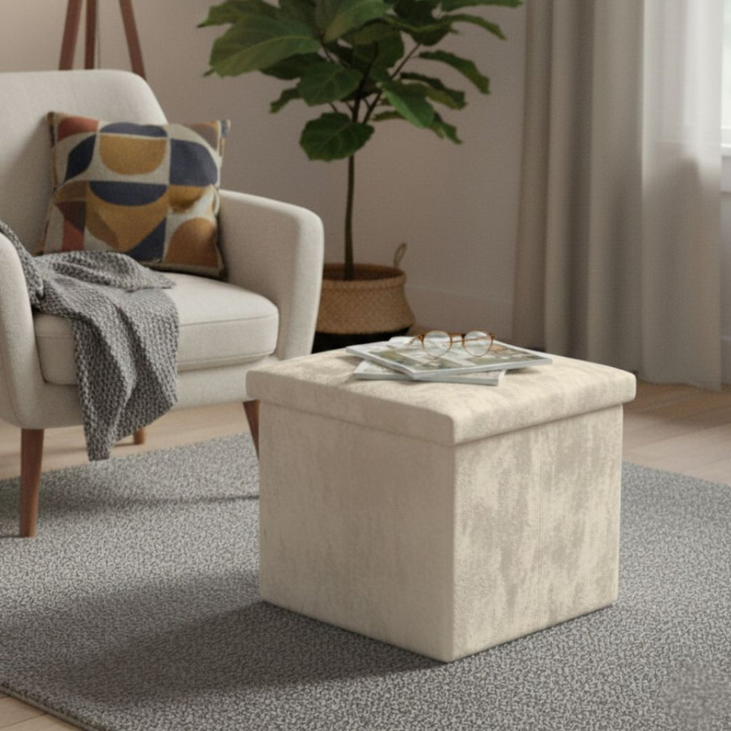 Taburete de Almacenaje Plegable de Felpa Beige 38x38x38cm para Salón y Dormitorio