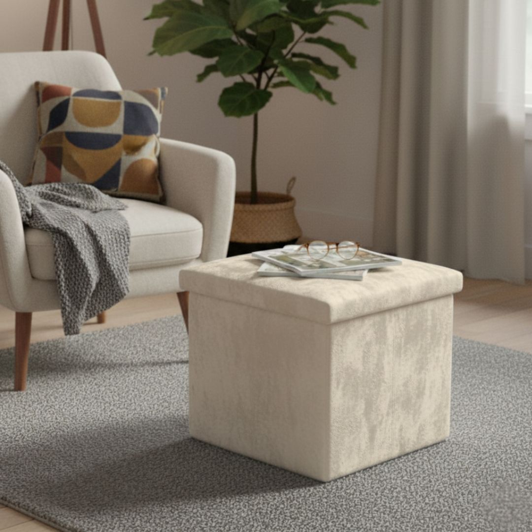 Taburete de Almacenaje Plegable de Felpa Beige 38x38x38cm para Salón y Dormitorio
