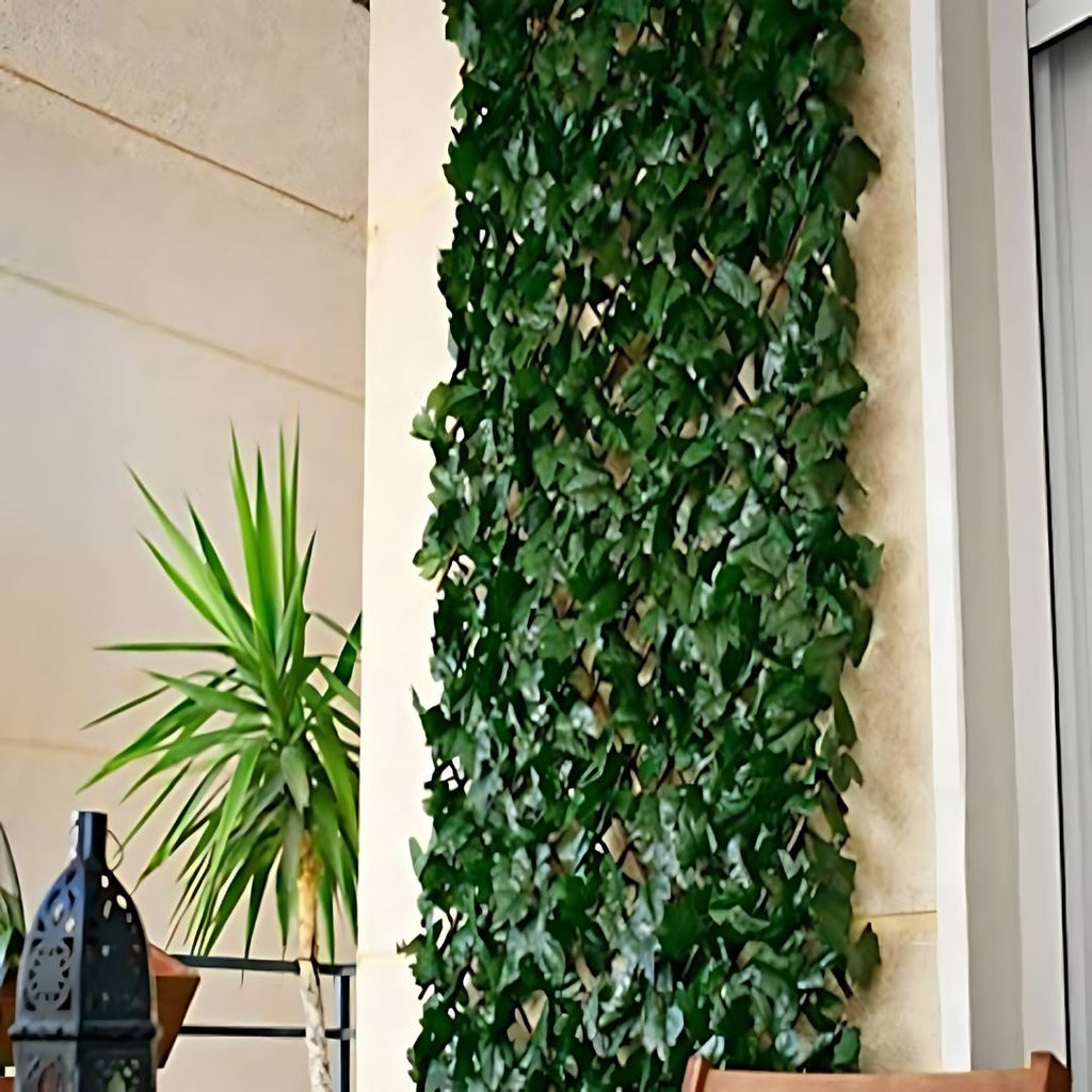 Celosía extensible de mimbre natural con hojas de hiedra 1x2 metros