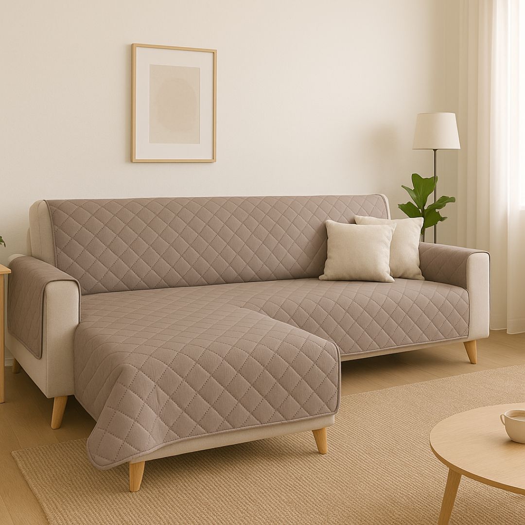 Protector de Sofá Chaise Longue Brazo Derecho (240 cm) Reversible Marrón/Beige - Protector Acolchado 240x205 cm