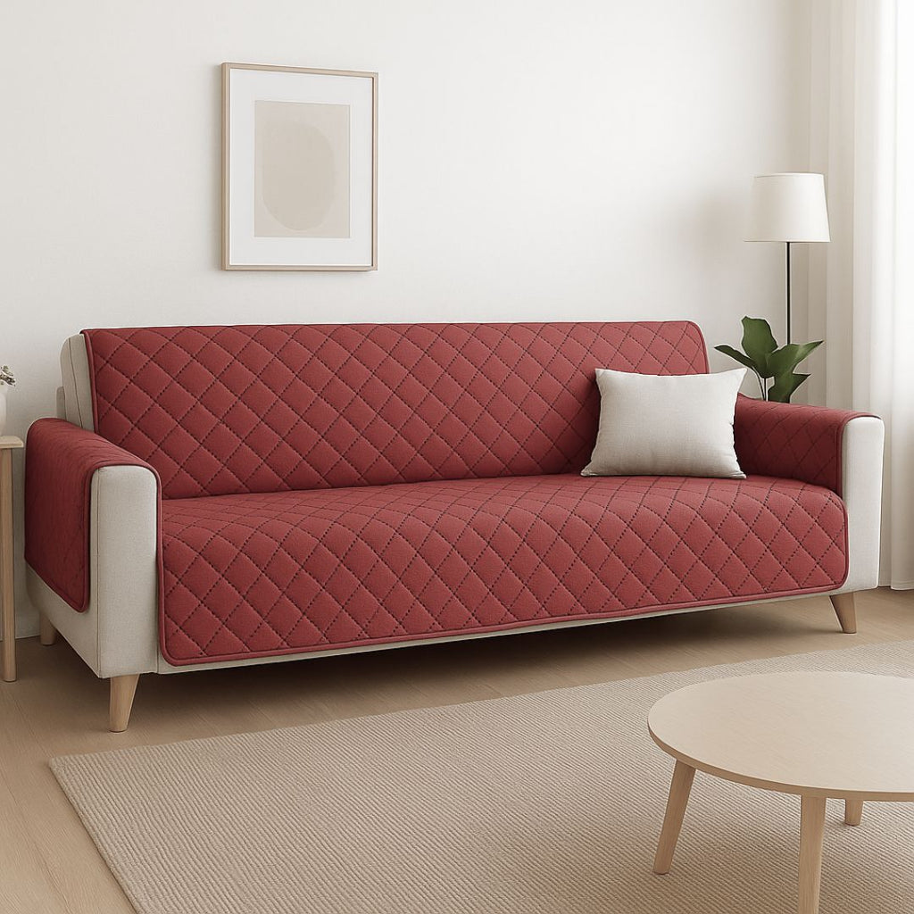Protector de Sofá 4 Plazas XL Reversible (200x205 cm) Rojo/Beige - Funda Acolchada Gran Tamaño