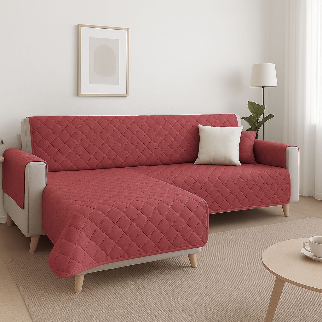 Protector de Sofá Chaise Longue Brazo Izquierdo (240 cm) Reversible Rojo/Beige - Protector Acolchado 240x205 cm